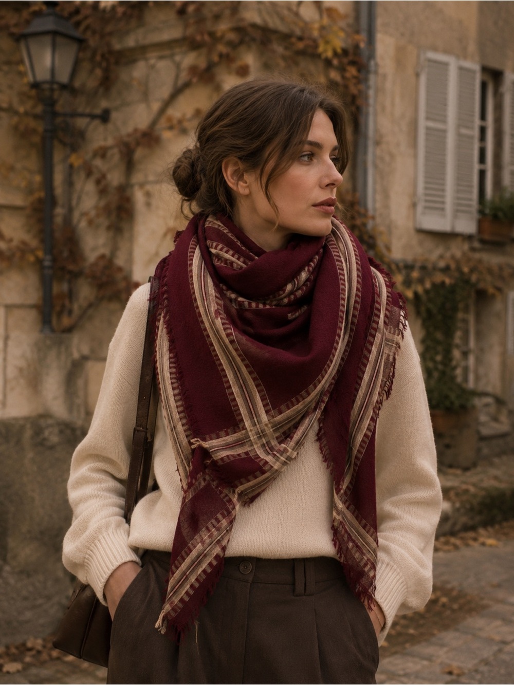 Wilfred Aritzia Wool Burgundy Striped Scarf Fringe Lightweight Wrap Shawl Fall